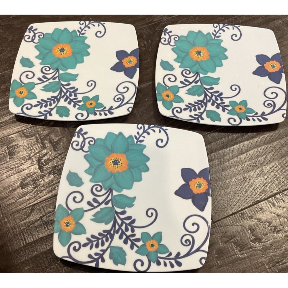 Melamine Square Salad Plates Plate Blue Teal Textured‎ Floral Flowers Set Of 3